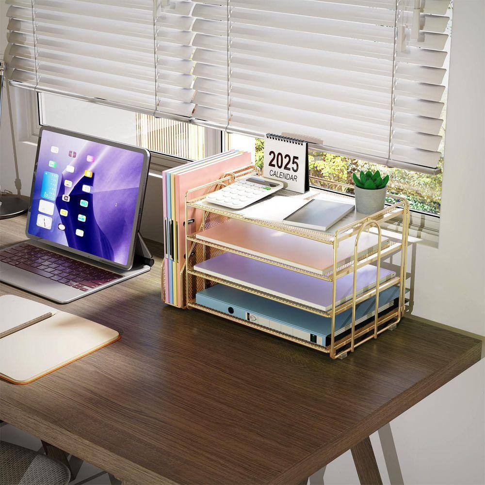 Gold 15.5 in X 9.2 in 4-Tier Paper Organizer with Magazine Holder