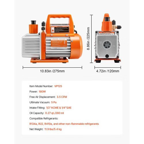 Vacuum Pump, 3.5 CFM 1/4 HP, HVAC Single Stage Rotary Vane AC Vacuum Pump, for R