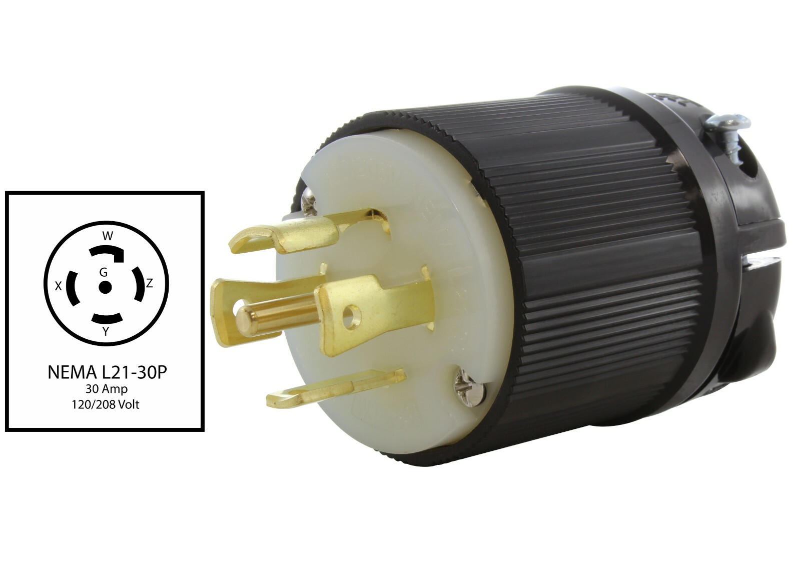 NEMA L21-30P 30A 120/208V 3-Phase 5-Prong Locking Male Plug Assembly in Black