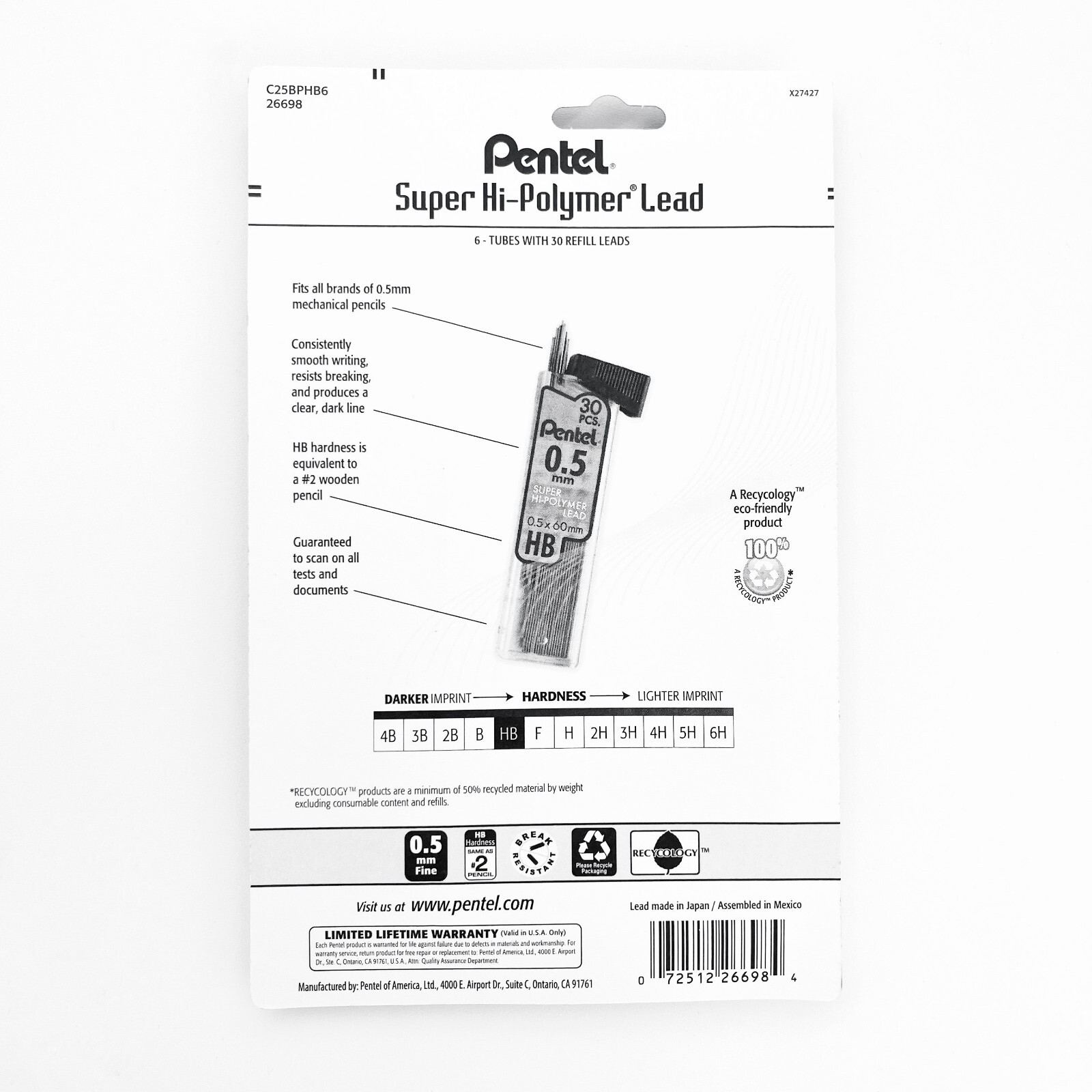 Pentel Super Hi-Polymer Refills, 0.5 mm Fine, HB, 180 Pieces of Lead-C25BPHB6