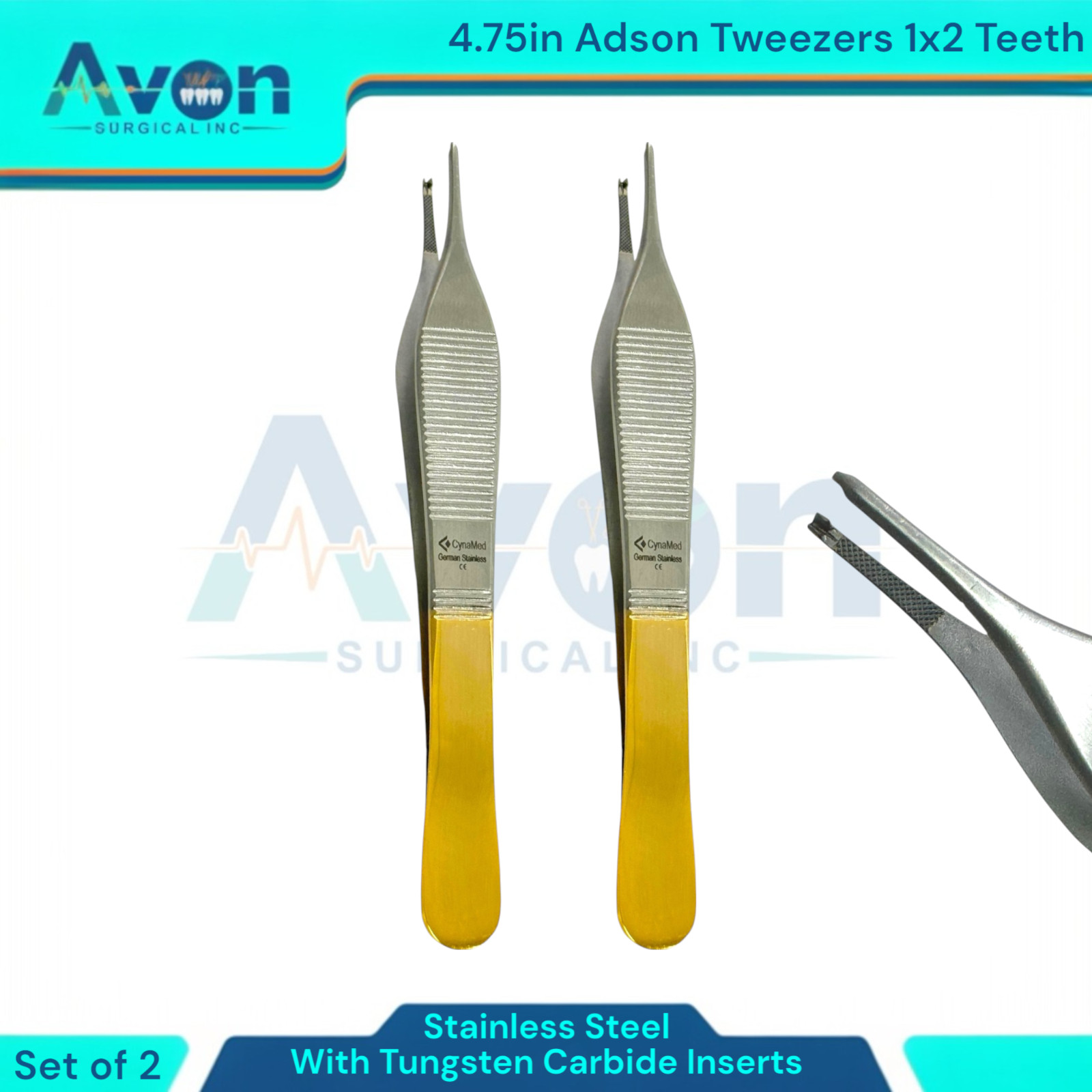 Gold Handle 1×2 Teeth Adson Tissue Forceps, 4.75in, w/ TC Inserts – German Steel