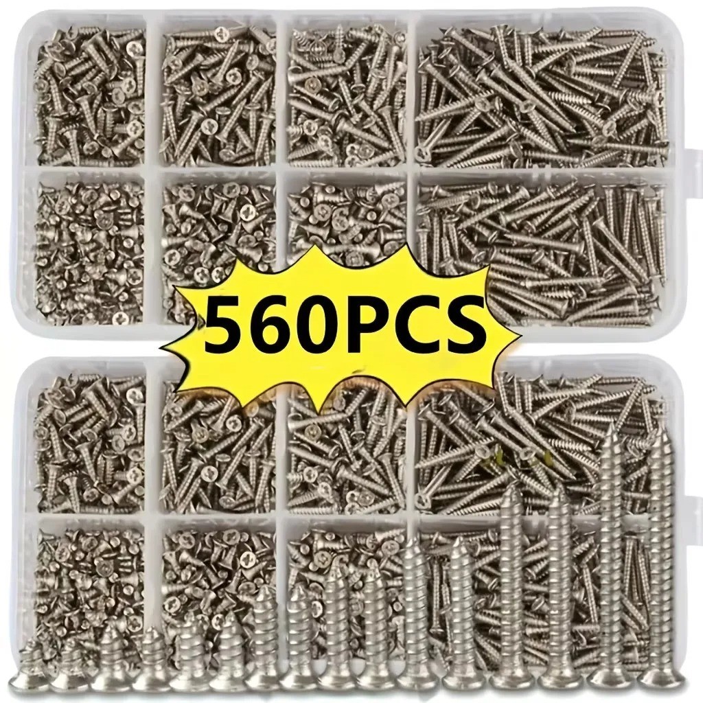 560Pcs Self Tapping Wood Screw Set 8 Sizes M2 Flat Metal Screw Assortment Kit Bo