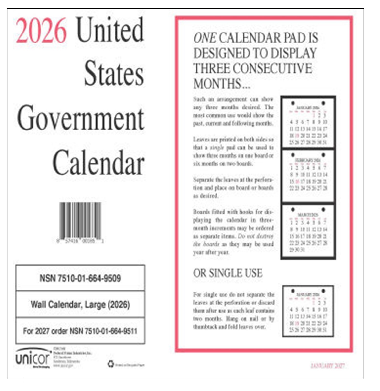 2026, Unicor US Gov Mthly Wall Calendar + Unicor US Gov Activity Schedule