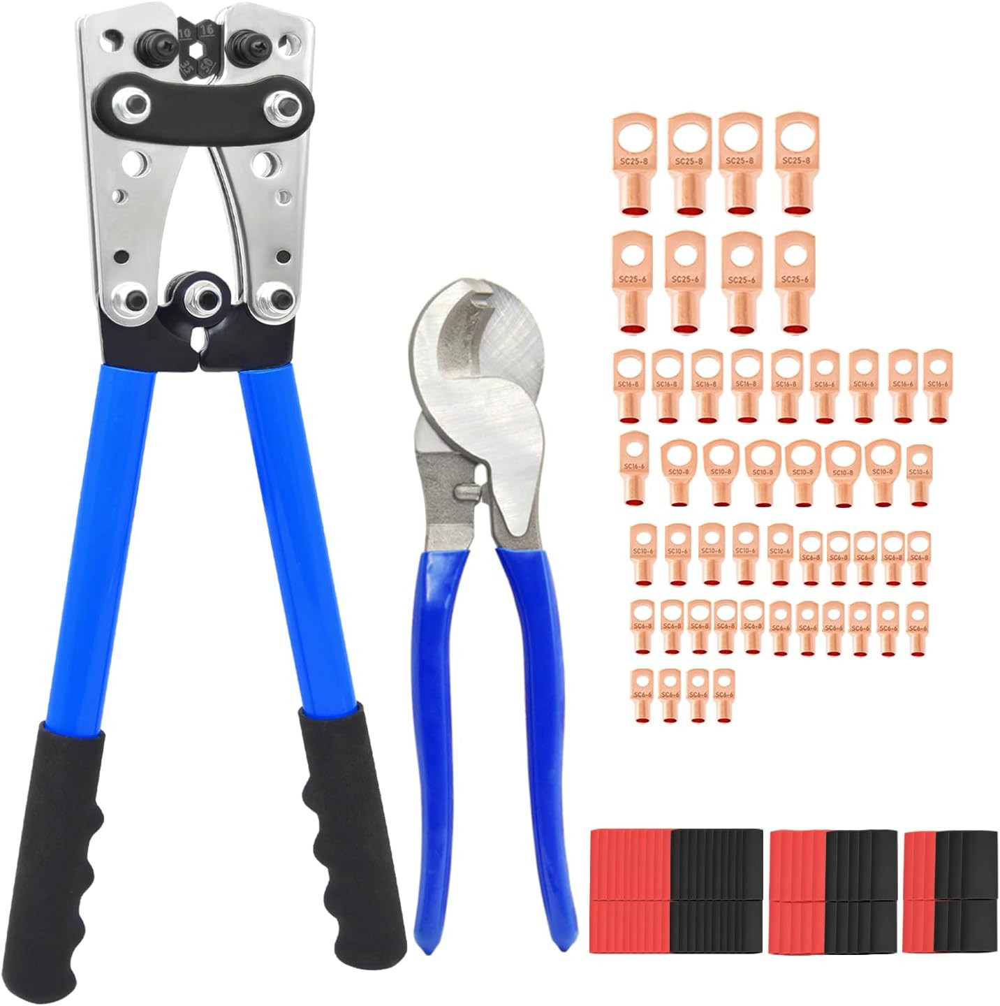 Cable Lug Crimping Tool Kit with 50 Copper Wire Lugs & Cable Cutter