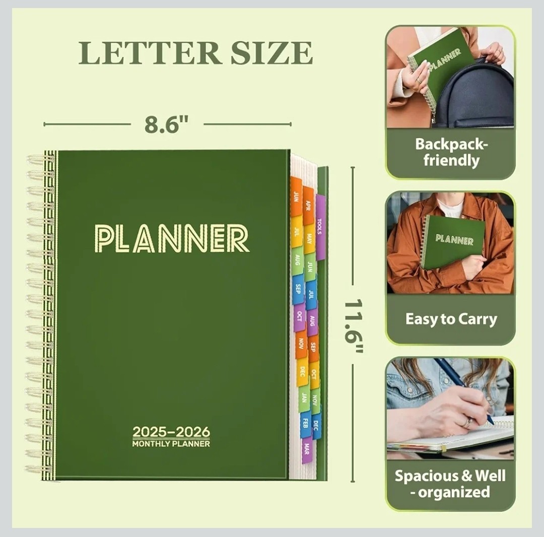 19 Months Planner, June 2025-Dec 2026, 8.5×11″ Daily Weekly, Monthly (Green)