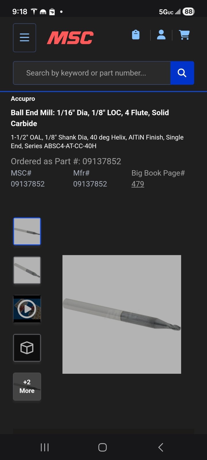 6 Piece Lot 1/16 Dia 4 FluteCarbide Ballnose Endmills Accupro 09137852