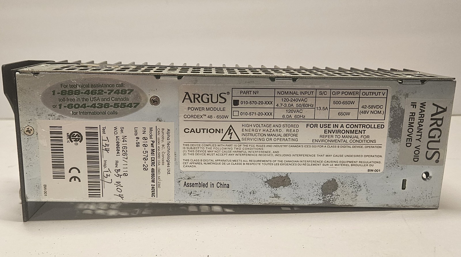 ARGUS / ALPHA CORDEX CXRC 48V-650W 010-570-20 HOT RECTIFIER MODULE 120-240VAC