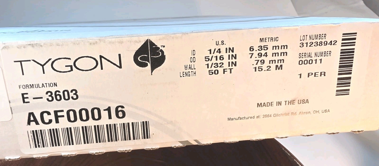 TYGON SAINT-GOBAIN ACF00016 E-3603 TUBING 1/4” ID 5/16” OD 1/32 WALL 50FT