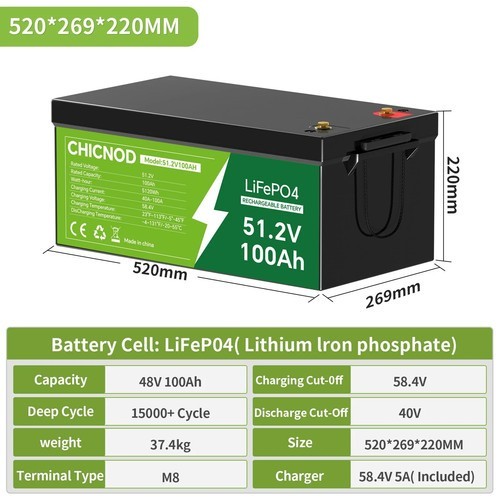 Bluetooth LiFePO4 51.2V 100Ah Lithium Battery with BMS 5120Wh + 48V 20A Charger