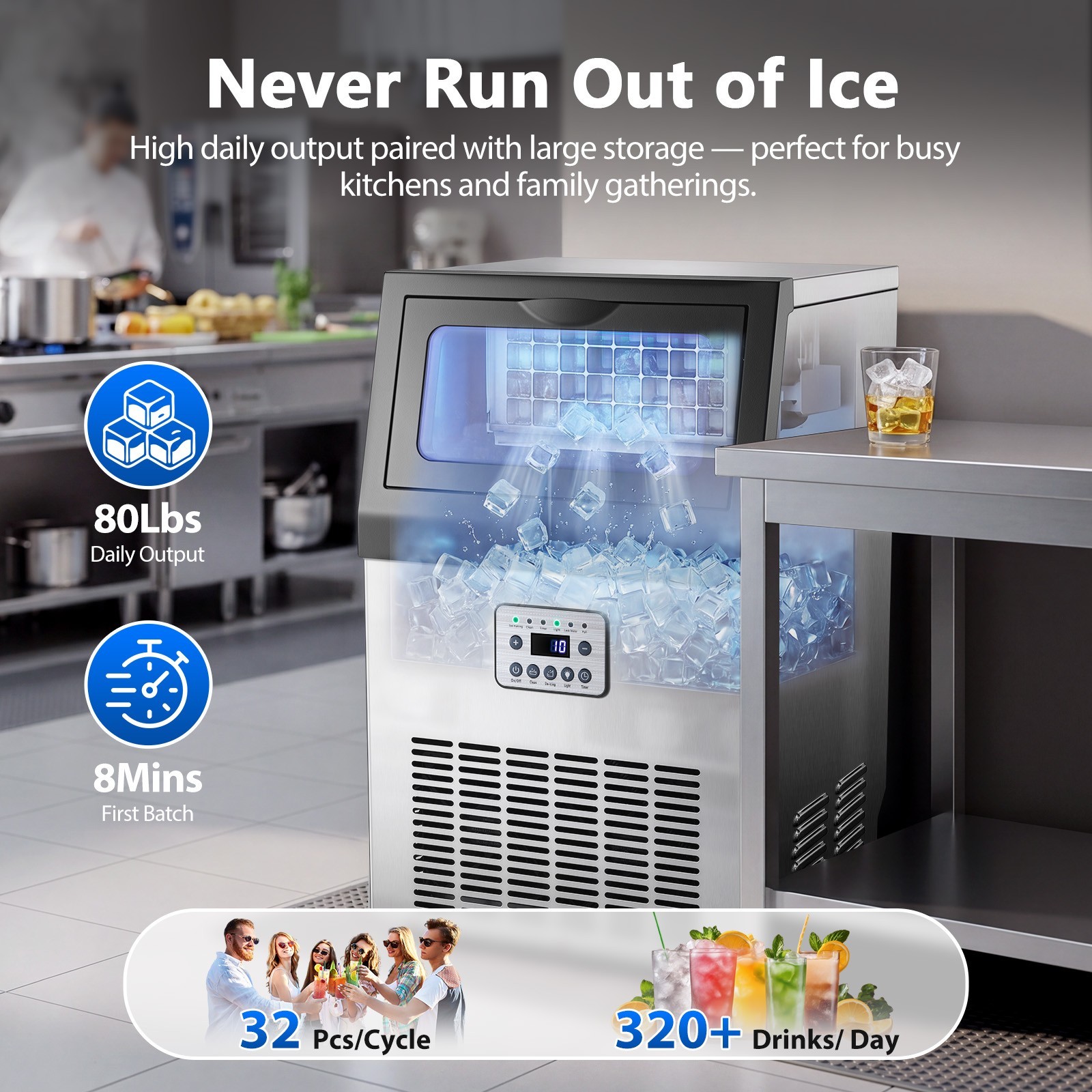 Zomagas 80lbs Commercial Ice Machine 32Cube 14Min 18lbs Storage Auto Clean Timer