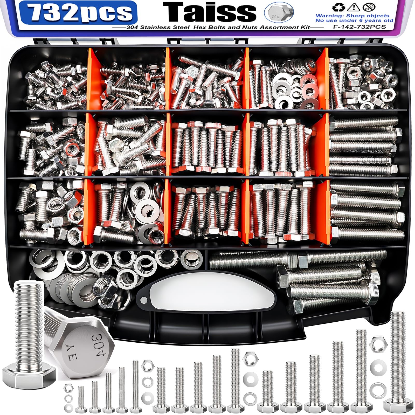 Taiss 732Pcs Stainless Steel Hex Bolt Nut Washer Assortment Kit 1/4″-1/2″ SAE
