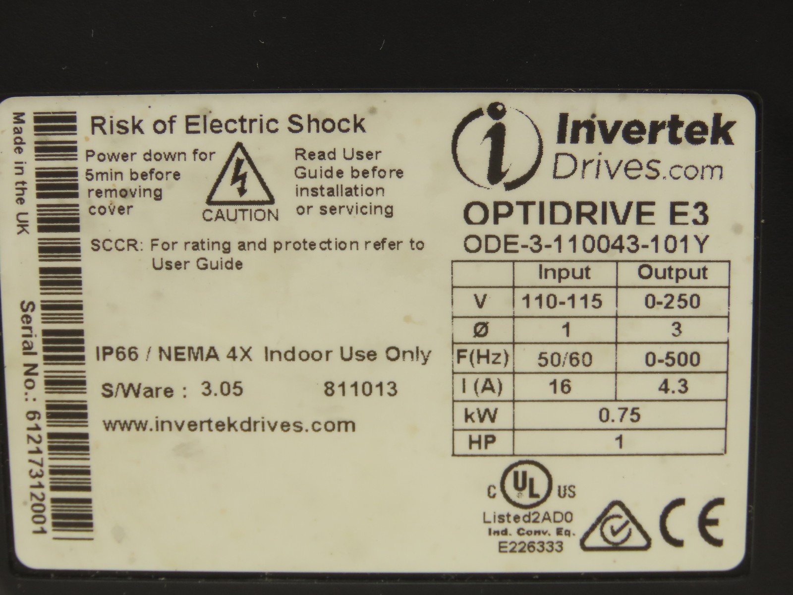 Intertek ODE-3-110043-101Y Optidrive E3 VFD 1HP 4.3A 115 1PH/3PH Variable Drive