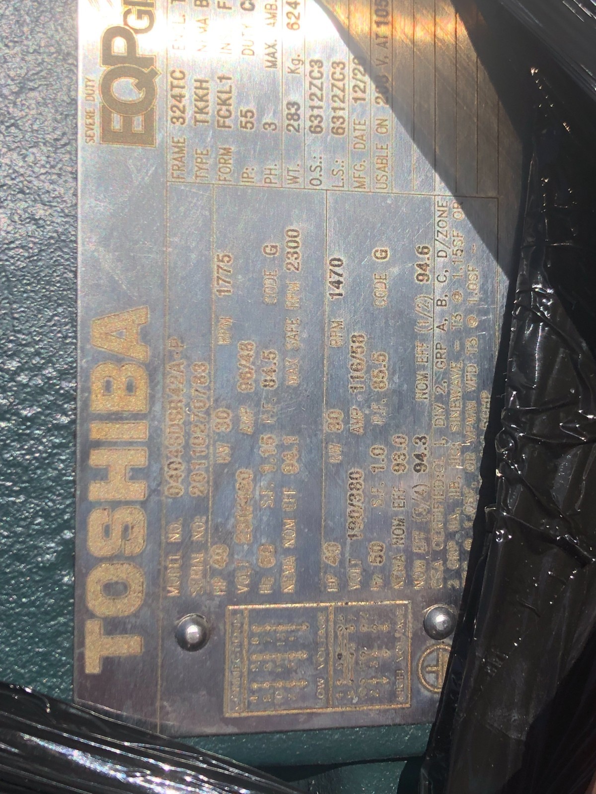 40hp 1775 RPM 324TC 230/460 TOSHIBA ELECTRIC MOTOR