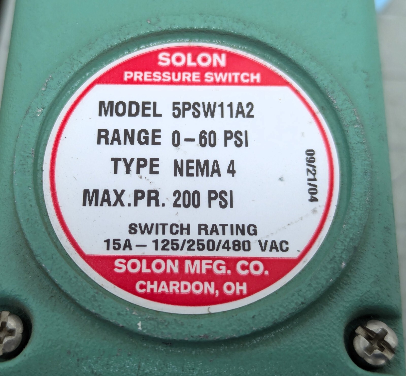 SOLON 5PSW11A2 PRESSURE SWITCH 0-60 PSI Nema 4 200PSI MAX 15A-125/250/480V C2S4