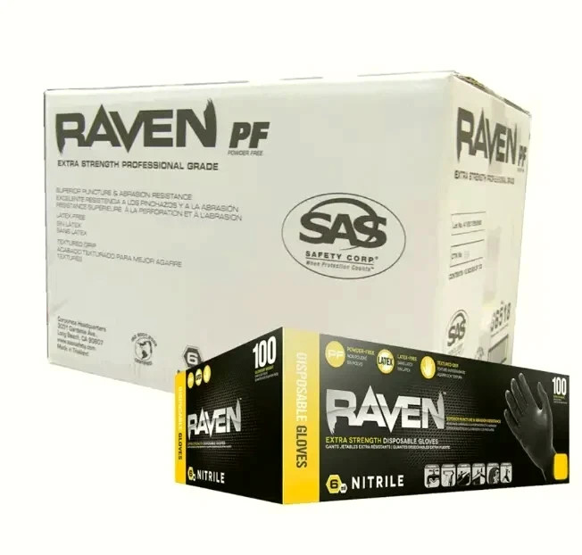 SAS 66518 Raven Powder-Free Black Nitrile Gloves LARGE ( 10 Boxes of 100 )