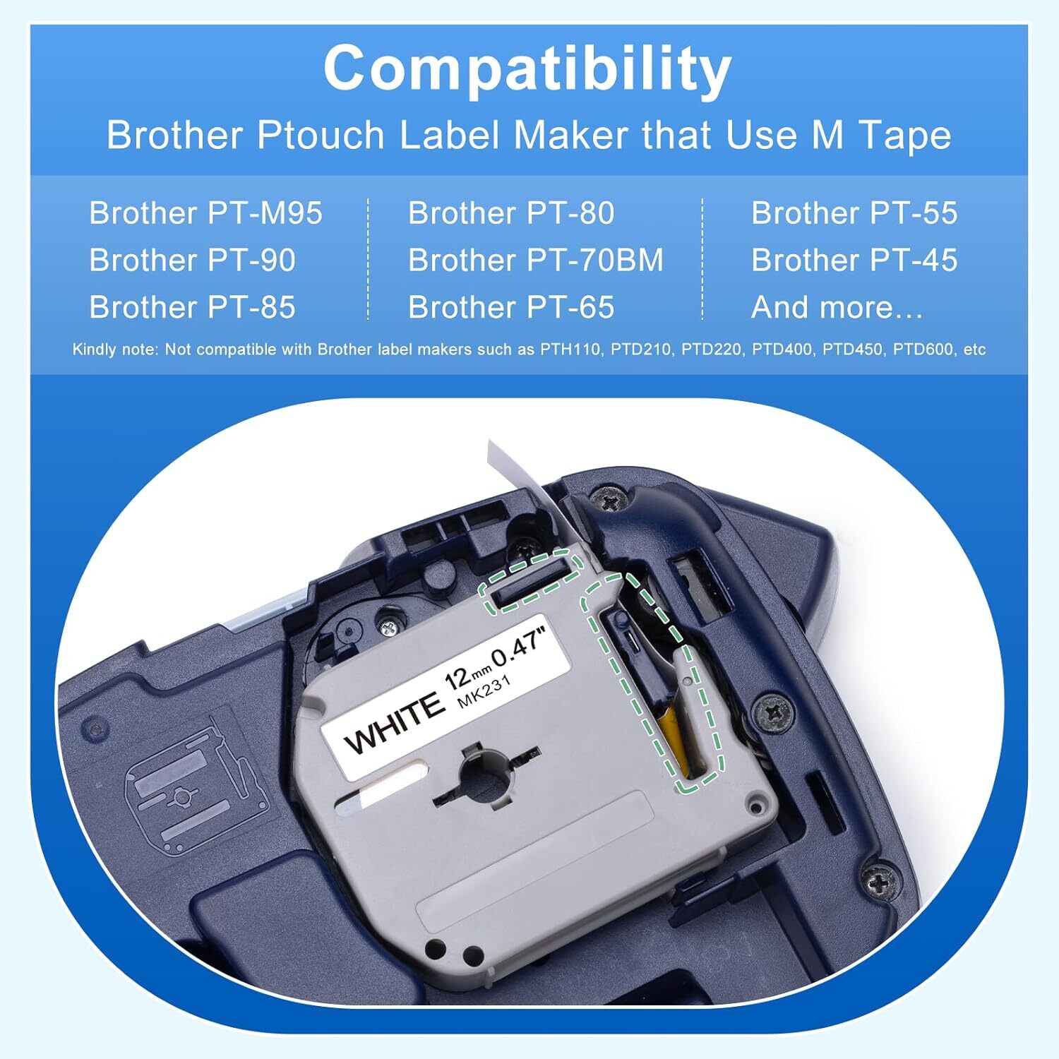 10PK Label Tape M-K231 MK231 M231 Black on White 12MM 1/2″ for Brother PT-65 70