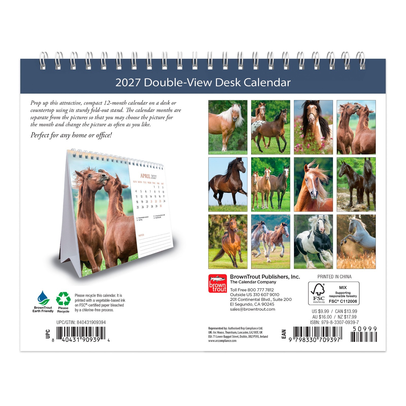 Horse Lovers | 2027 7.5×6″ Monthly Double-View Easel Desk Calendar