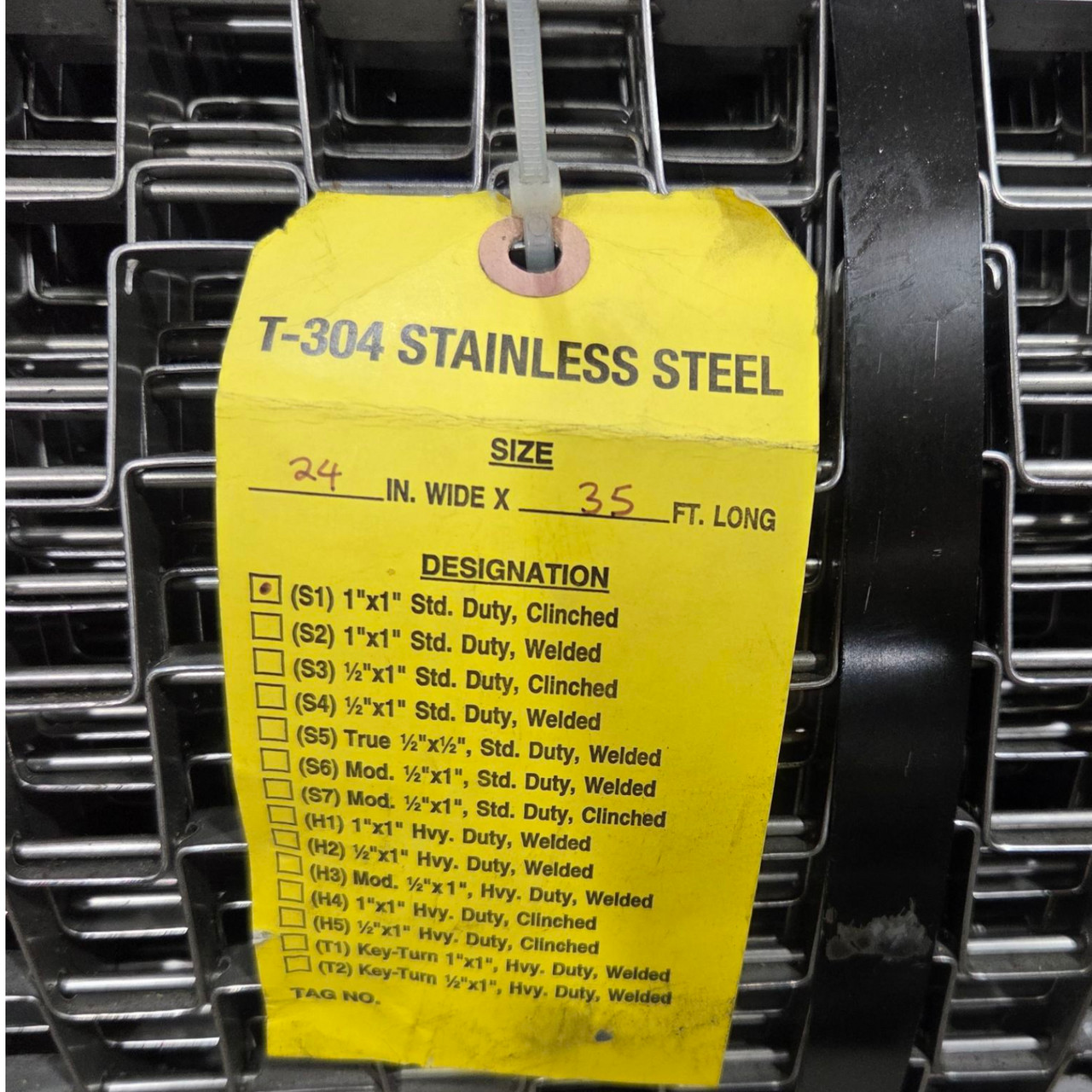 FBC T-304 SS 1″x1″ Standard Duty, Clinched Conveyor Belt, 24″W x 35’L
