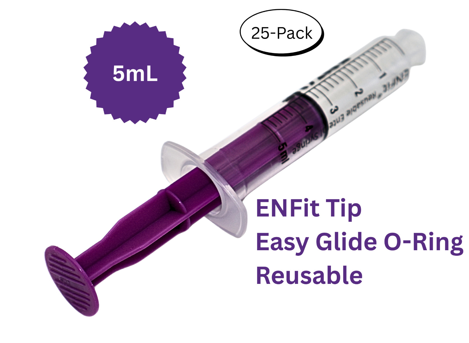 ENFit syringe, 5mL, O-Ring, Reusable Easy Glide Plunger, Pack of 25
