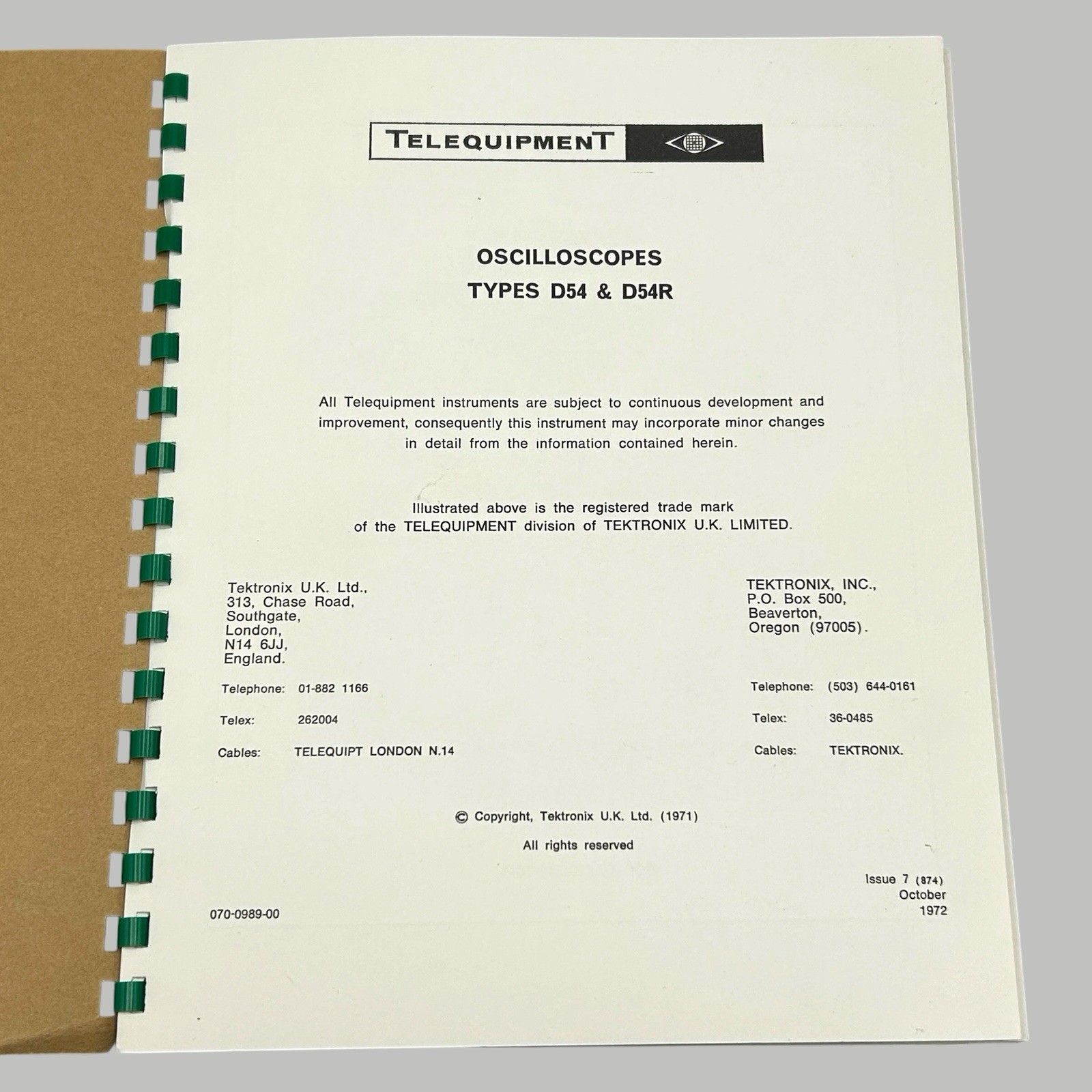 Telequipment Tektronix Types D54 & D54R Oscilloscope Manual 1972 Ships Quickly