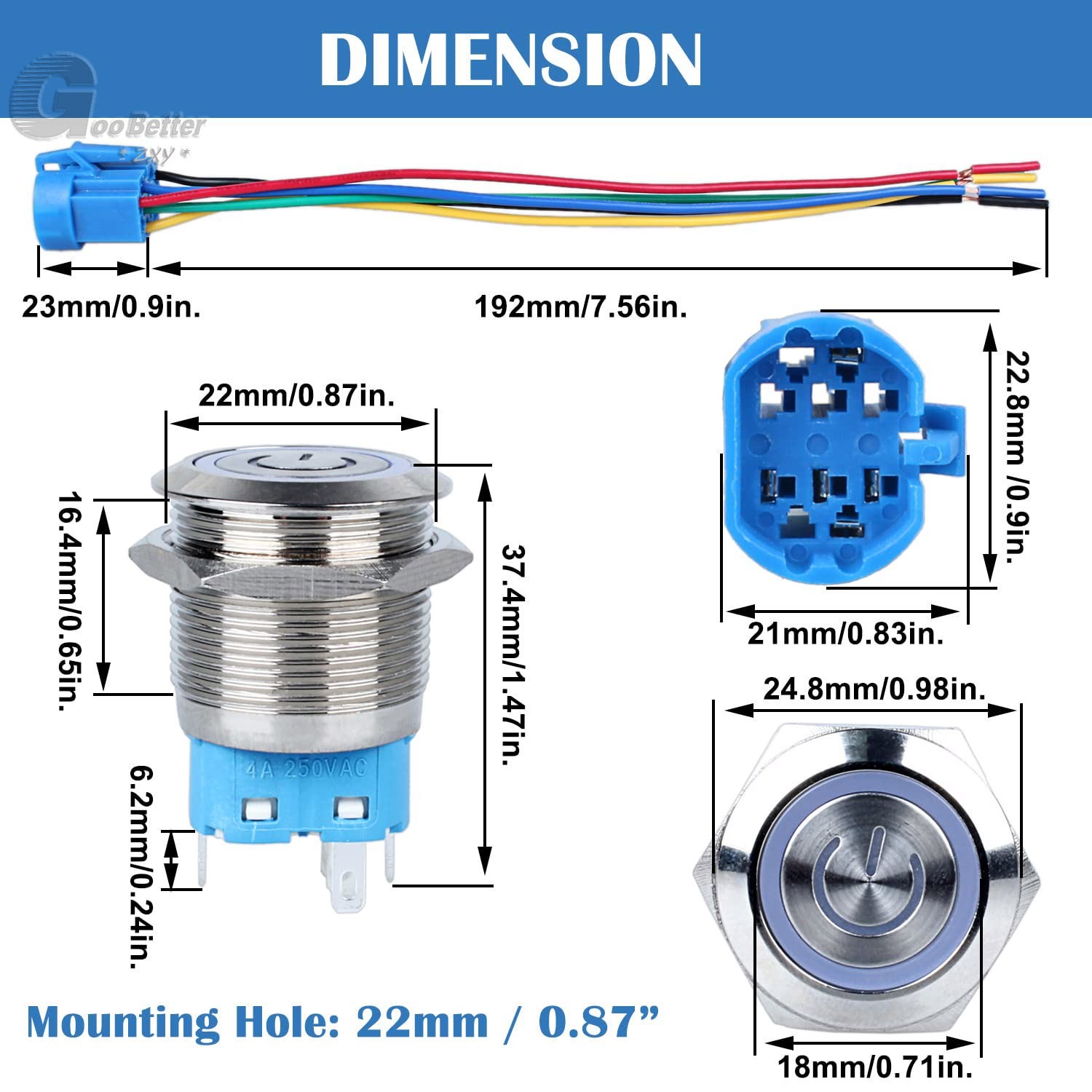 22mm LED ON OFF Waterproof Stainless Steel Latching Push Button Power Switch