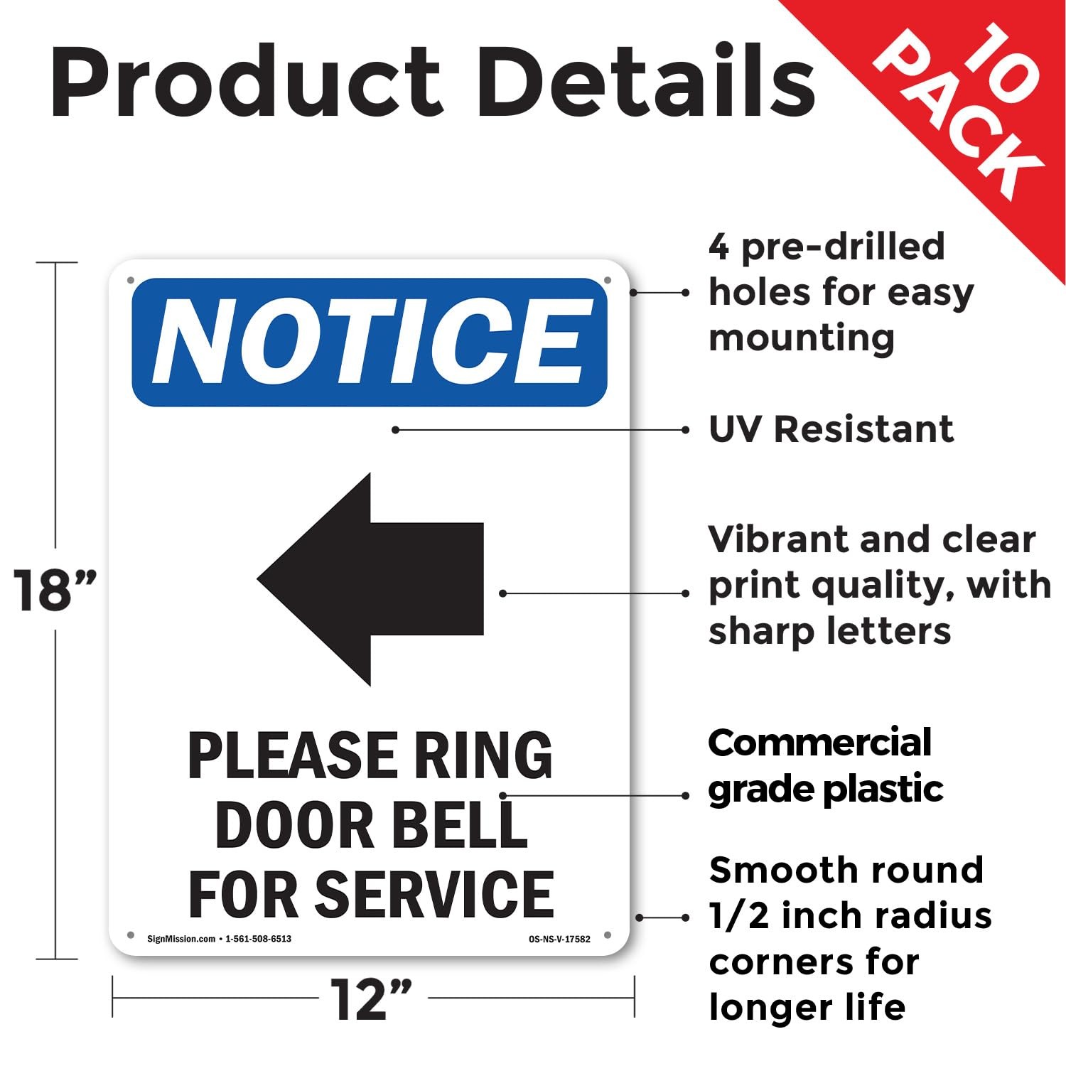 Please Ring Door Bell OSHA Notice Rigid Plastic Sign 18 Inch x 12 Inch – 10 Pack