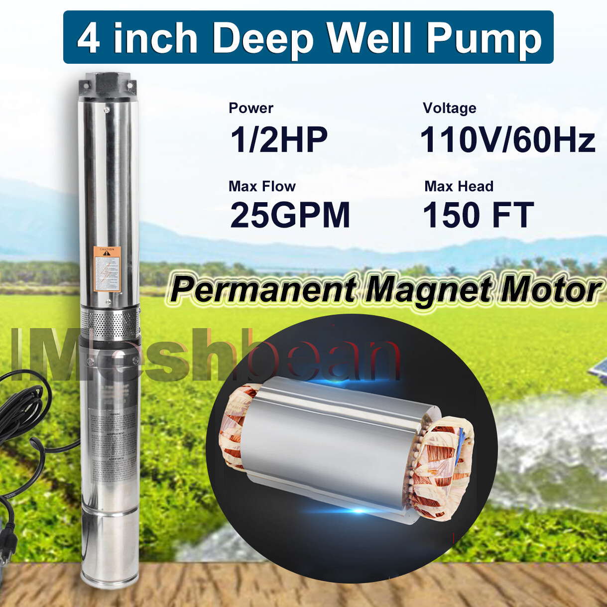 1/2 HP 4″ Deep Well Submersible Pump, 110V, 60Hz, 25GPM, 150 ft Max,33ft Cord