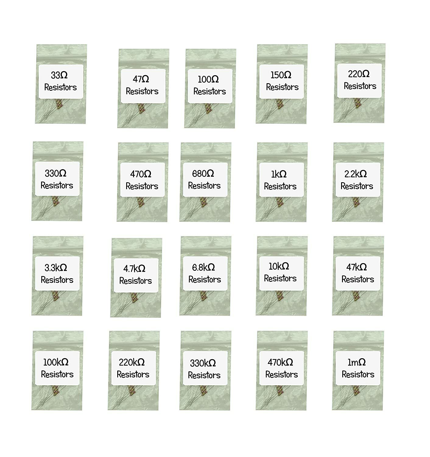 1/4w Carbon Film Resistor Kit Assortment 200 pcs 20 types 33 Ohm 1m 1k 100k 10k