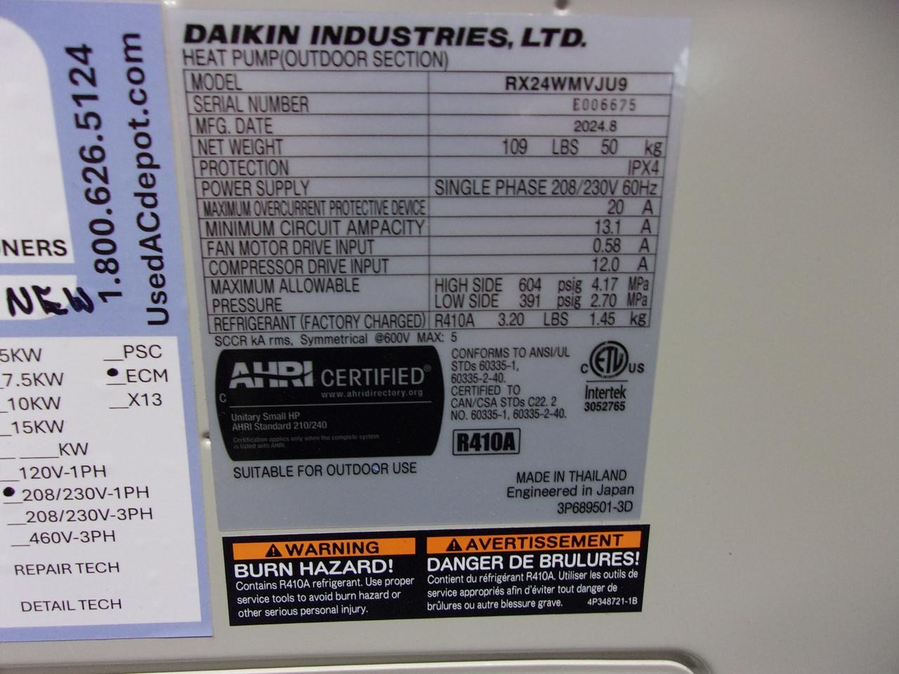 DAIKIN Scratch & Dent Central Air Conditioner Mini Split Condenser RX24WMVJU9 AC