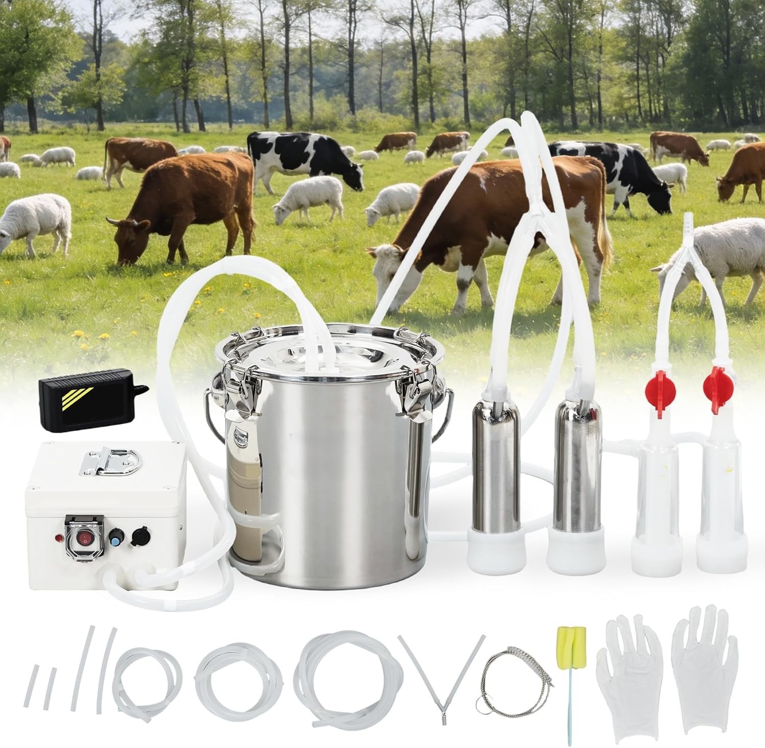Portable Electric Milking Machine w/ Battery, 45-50kPa Vacuum, 12L for Farm Use
