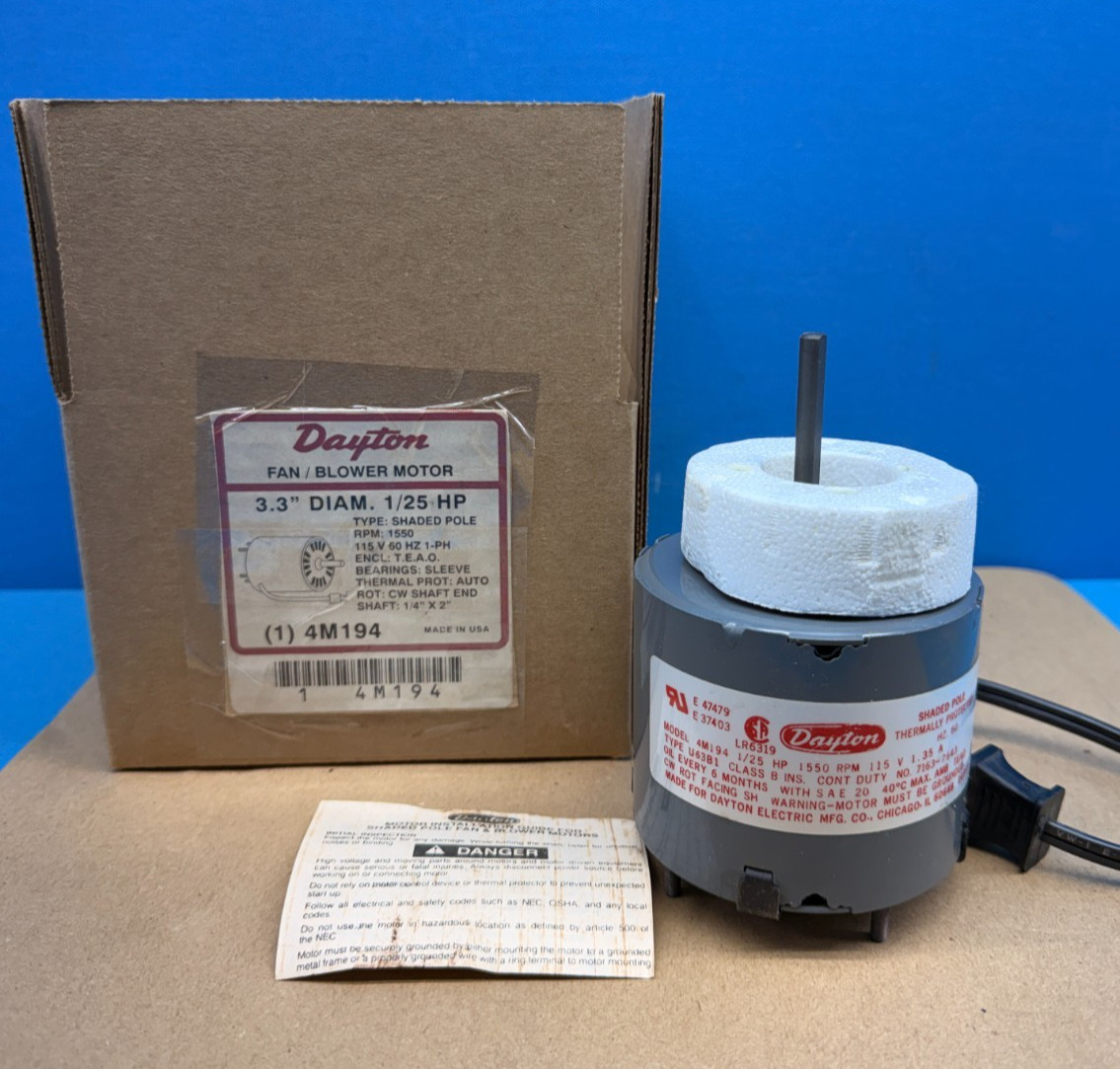 Dayton 4M194 Fan Blower Motor 1/25HP 115V 1550RPM 3.3in Shaded Pole