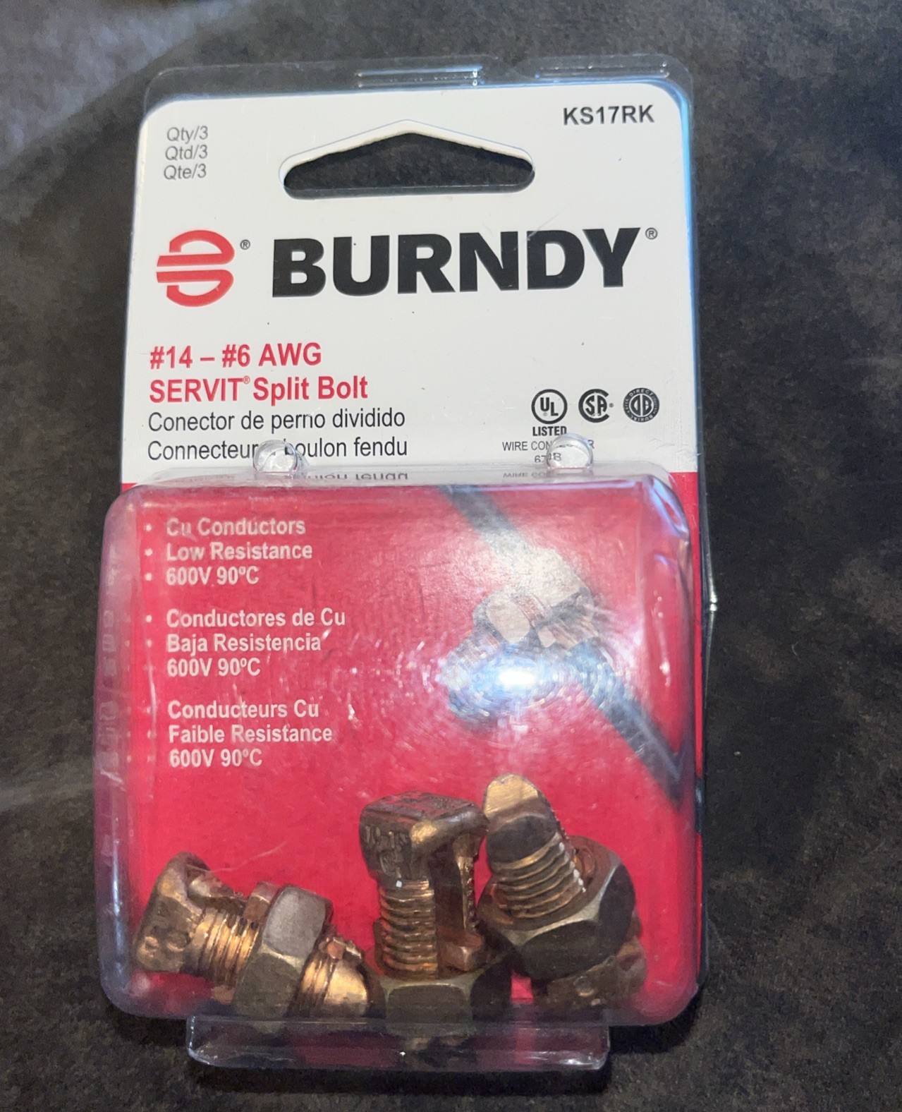 Burndy #14-#6 AWG Servit Split Bolt QTY:3 (KS17RK) NEW