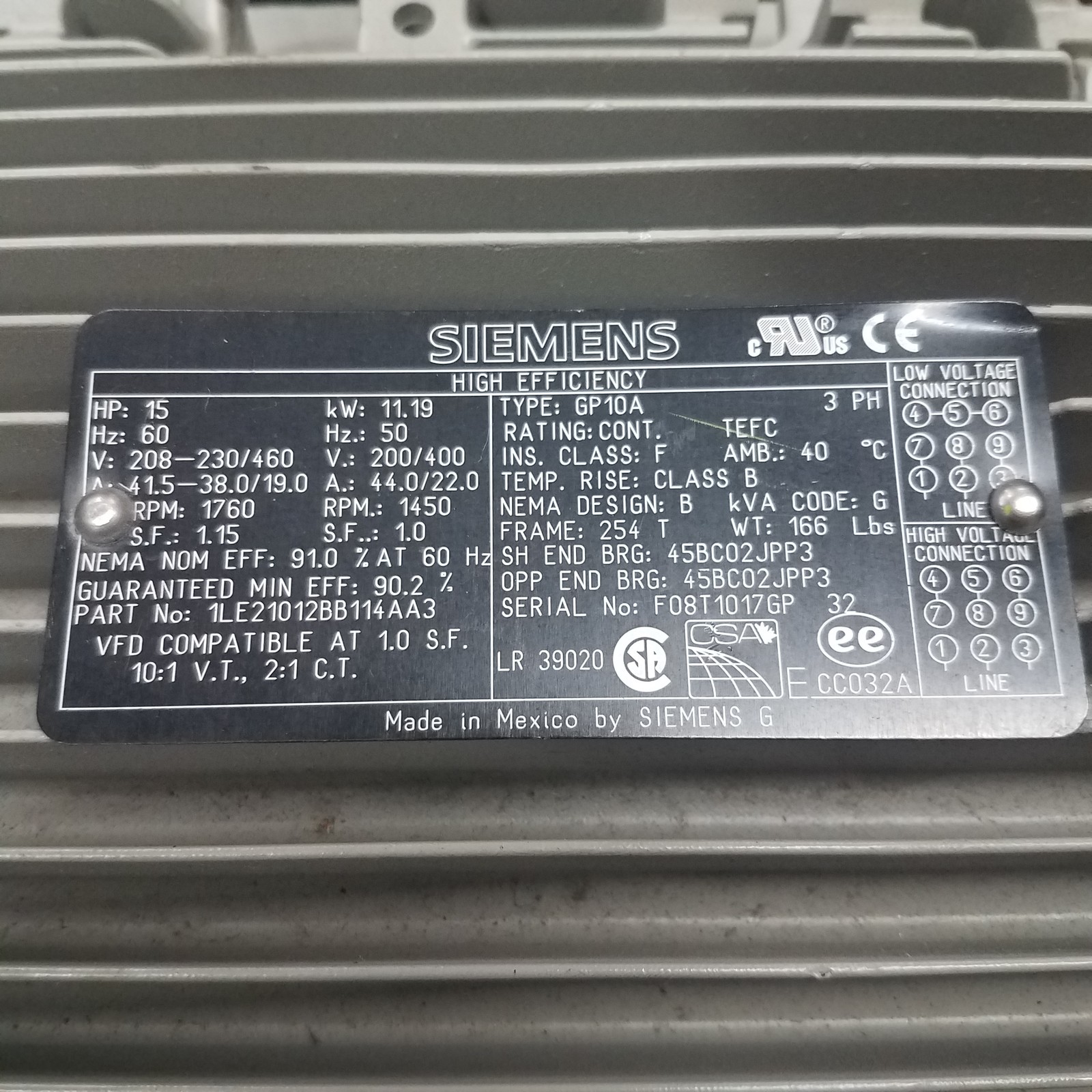 Siemens 1LE21012BB114AA3 Motor, 1760 Rpm, 15 Hp, 230/460 V, Fr: 254T, 3 Ph, 60Hz