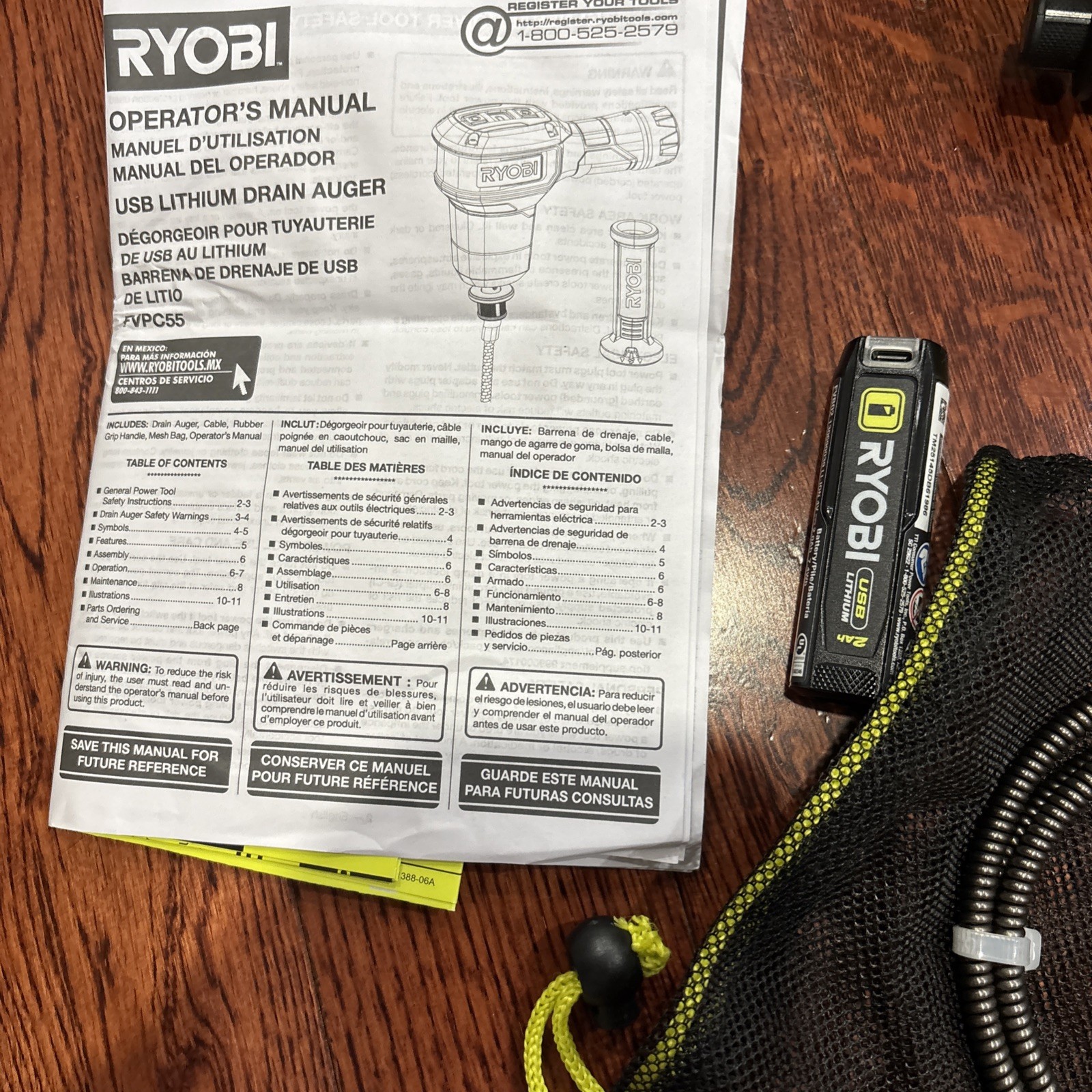 NEW Ryobi Lithium 3’ Drain Auger Kit UsbC 2AH Cordless FVPC55K Full Kit