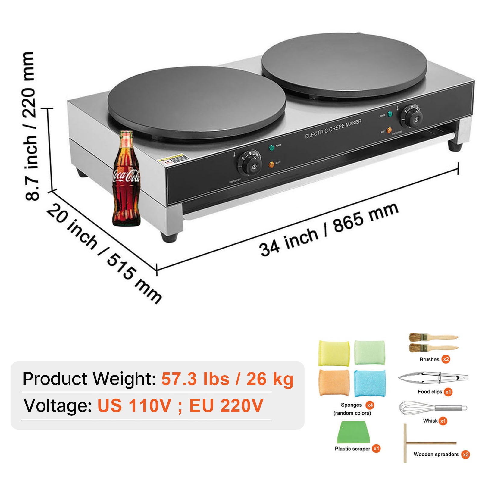 VEVOR 16-Inch Electric Crepe Maker Commercial Crepe Machine 3400W Double Head