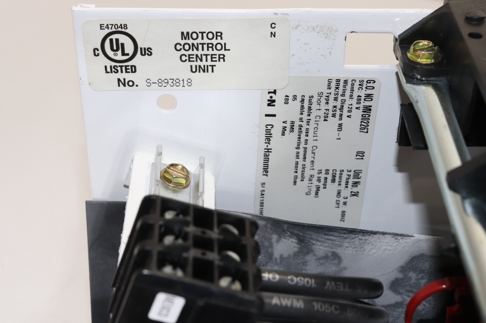 CUTLER HAMMER MVG02267 60A 15HP 3PH FUSIBLE MOTOR CONTROL CENTER UNIT/MCC BUCKET