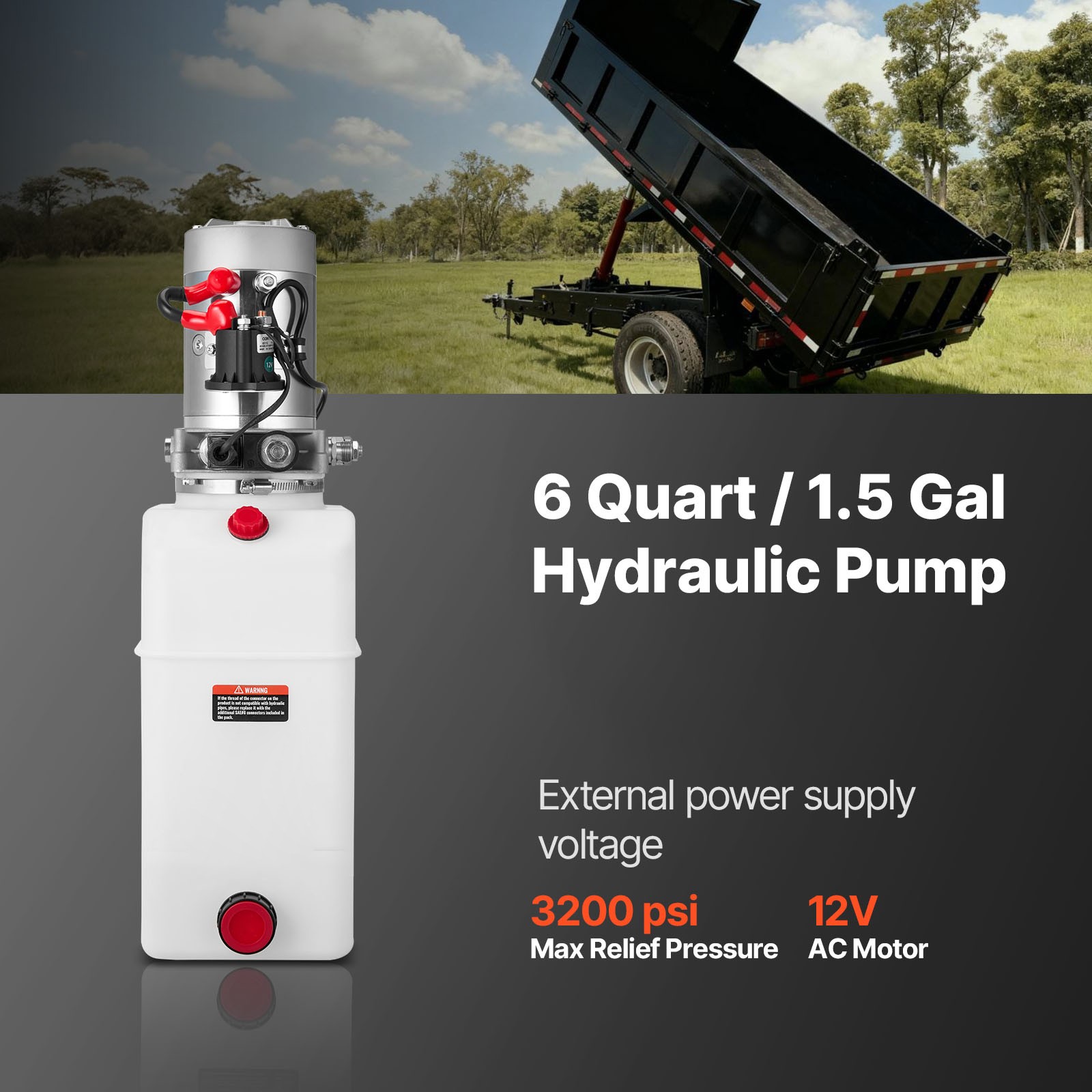 Uimoso 6 Quart Single Acting Hydraulic Pump Dump Trailer Power Unit DC 12V SAE#6