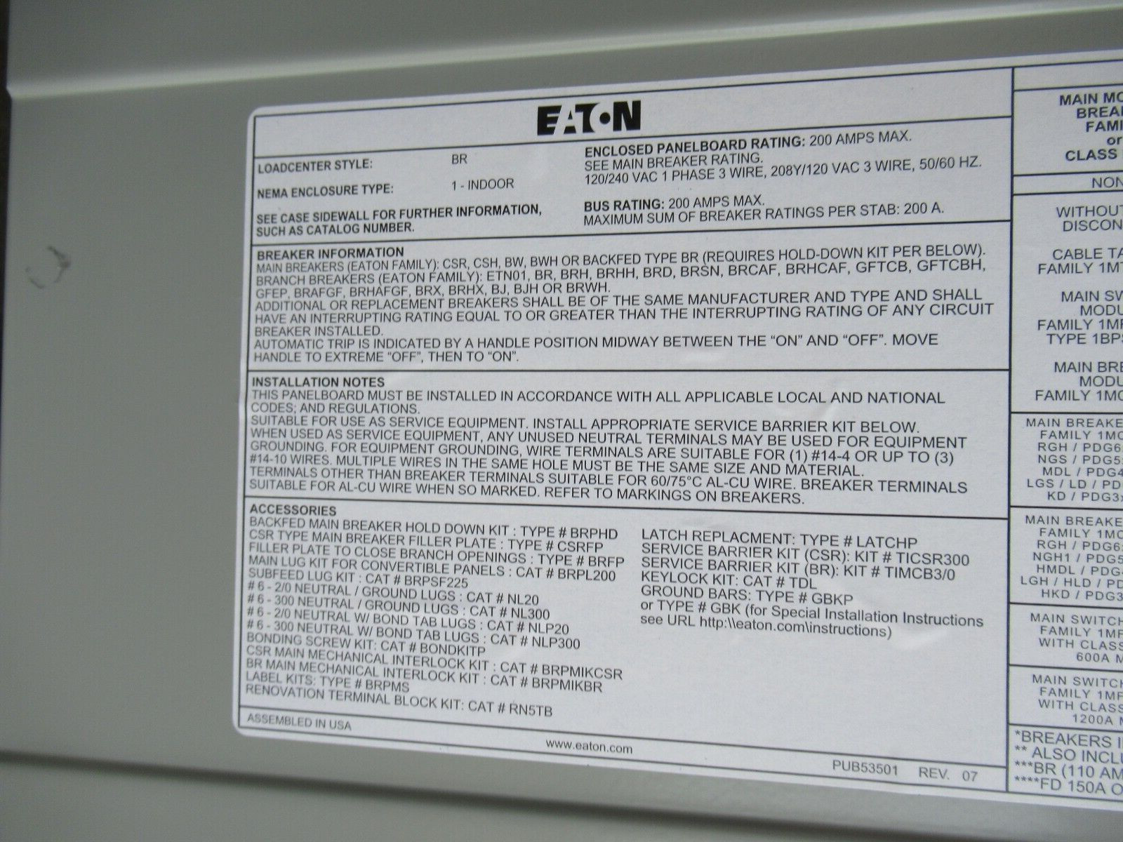 Eaton BRP20L200G Loadcenter 200A Main Lug 120/240V 1PH3W 20/40 CKT -E3360-NEW-B