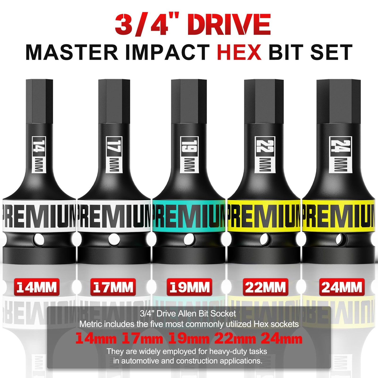 KIRXST 3/4″ Drive Impact Hex Bit Set, 5 Piece Metric Deep, Black