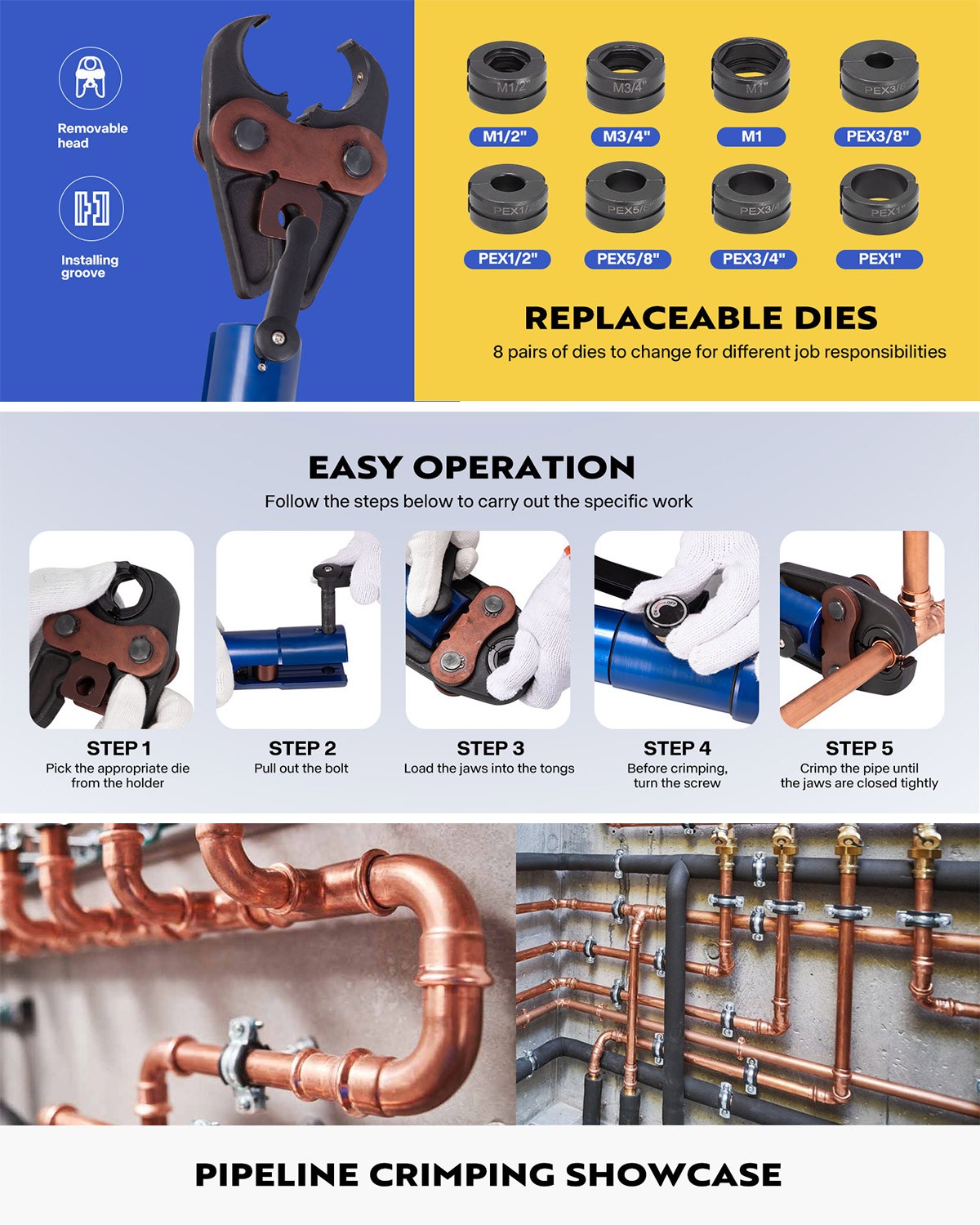 Copper Tube Fittings Hydraulic Pipe Crimping Tool with 1/2″, 3/4″ and 1″ Die Set