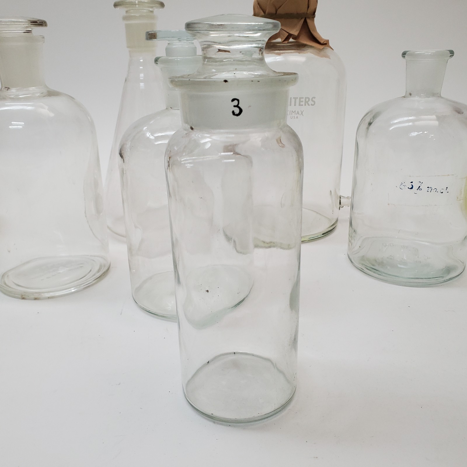 Vintage Apothecary Glassware Lot (6) – Pyrex, Kimax, TCW Co, Erlenmeyer Flask