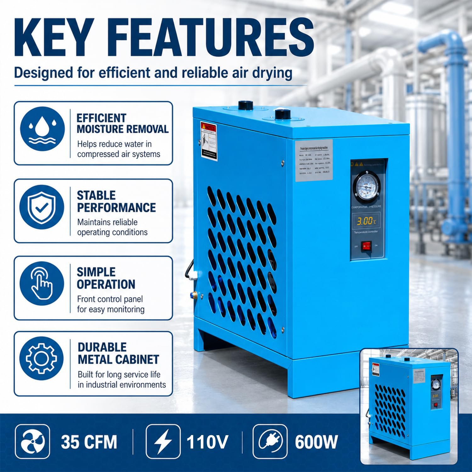 110V 35CFM 0.58 KW Refrigerated Compressed Air Dryer with R134a Cooling System
