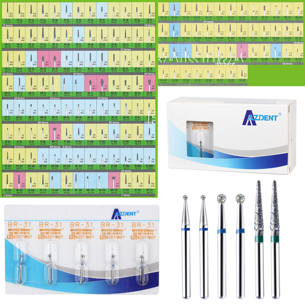 100 Types AZDENT Dental FG Diamond Burs for High Speed Handpiece 5pcs/box