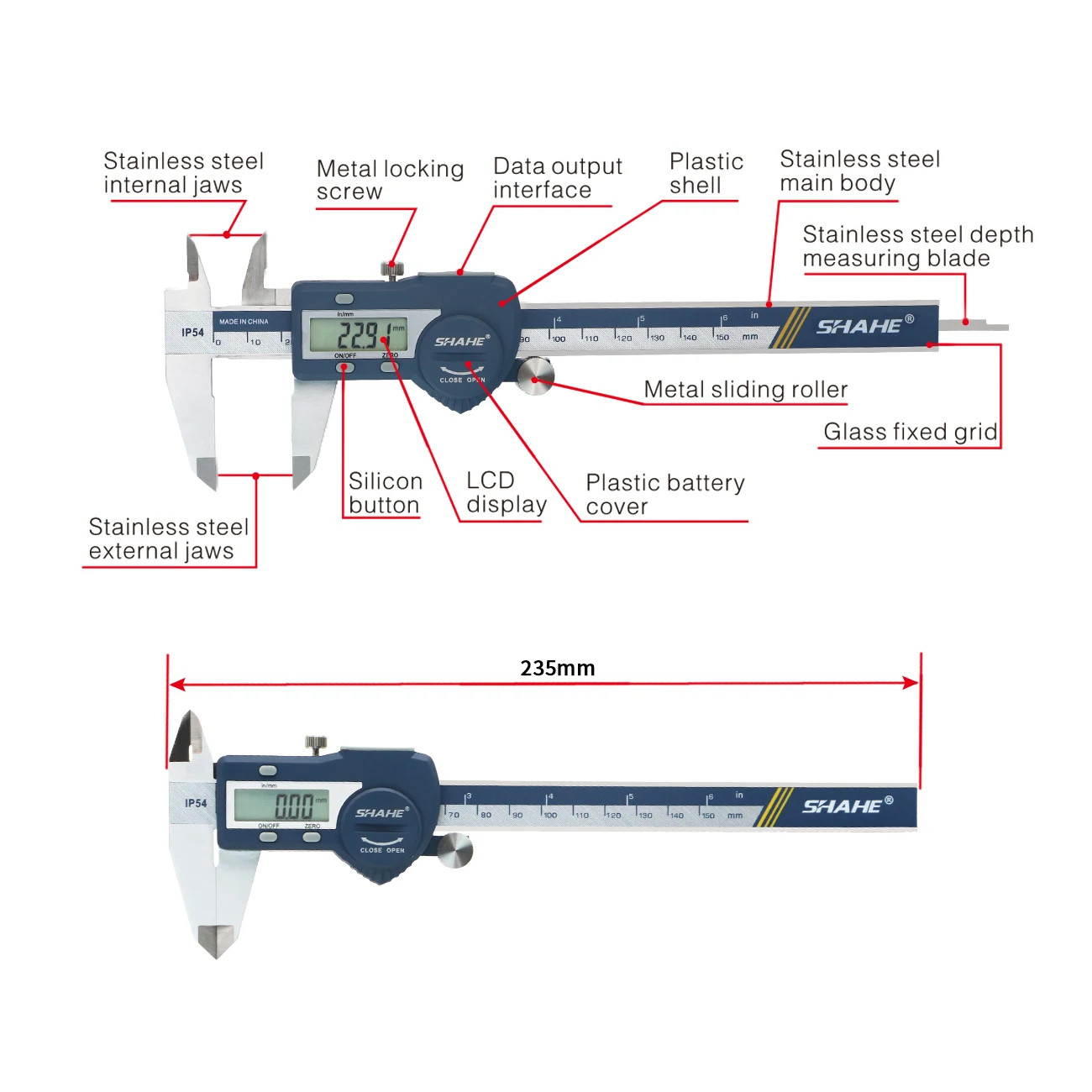 SHAHE Digital Caliper 8 Inch 200mm Hardened Stainless Steel Electronic LCD