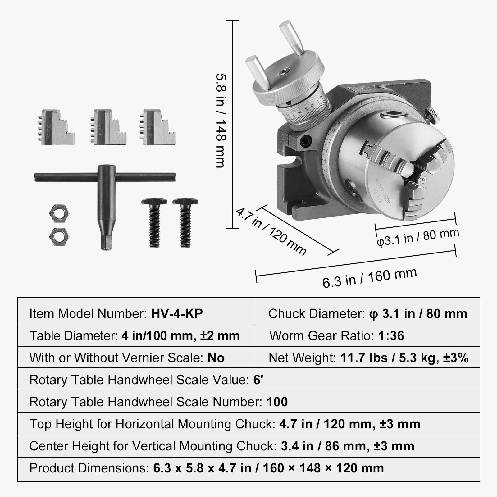 VEVOR Rotary Table for Milling Machines 4» Horizontal Vertical with 3-Jaw Chuck