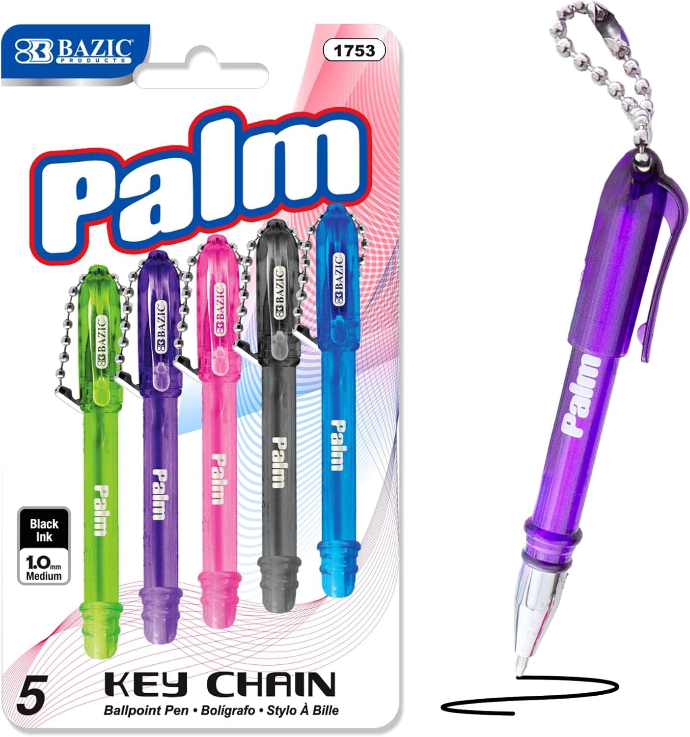 BAZIC Palm Mini Ballpoint Pen w/Key Ring, Roller Pens Medium Point 1.0mm, Small