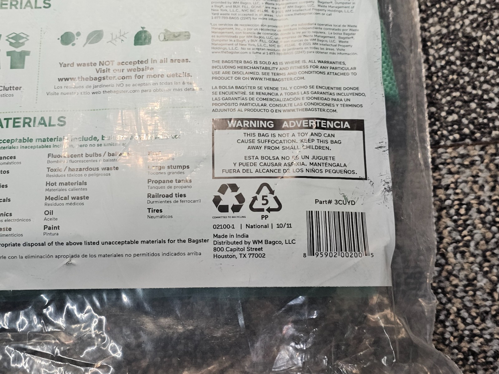 Bagster 3CUYD Trash Container Bag With a Capacity Of Up to 3,300 Pounds, Green