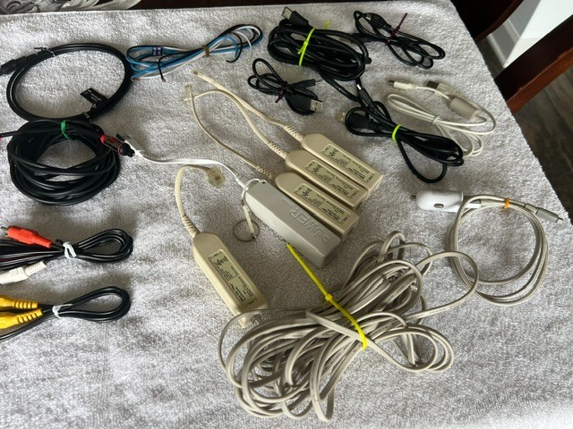 LOT OF MISC COMPUTER / PHONE / TV CABLES WIRES SPEAKERS CHARGERS