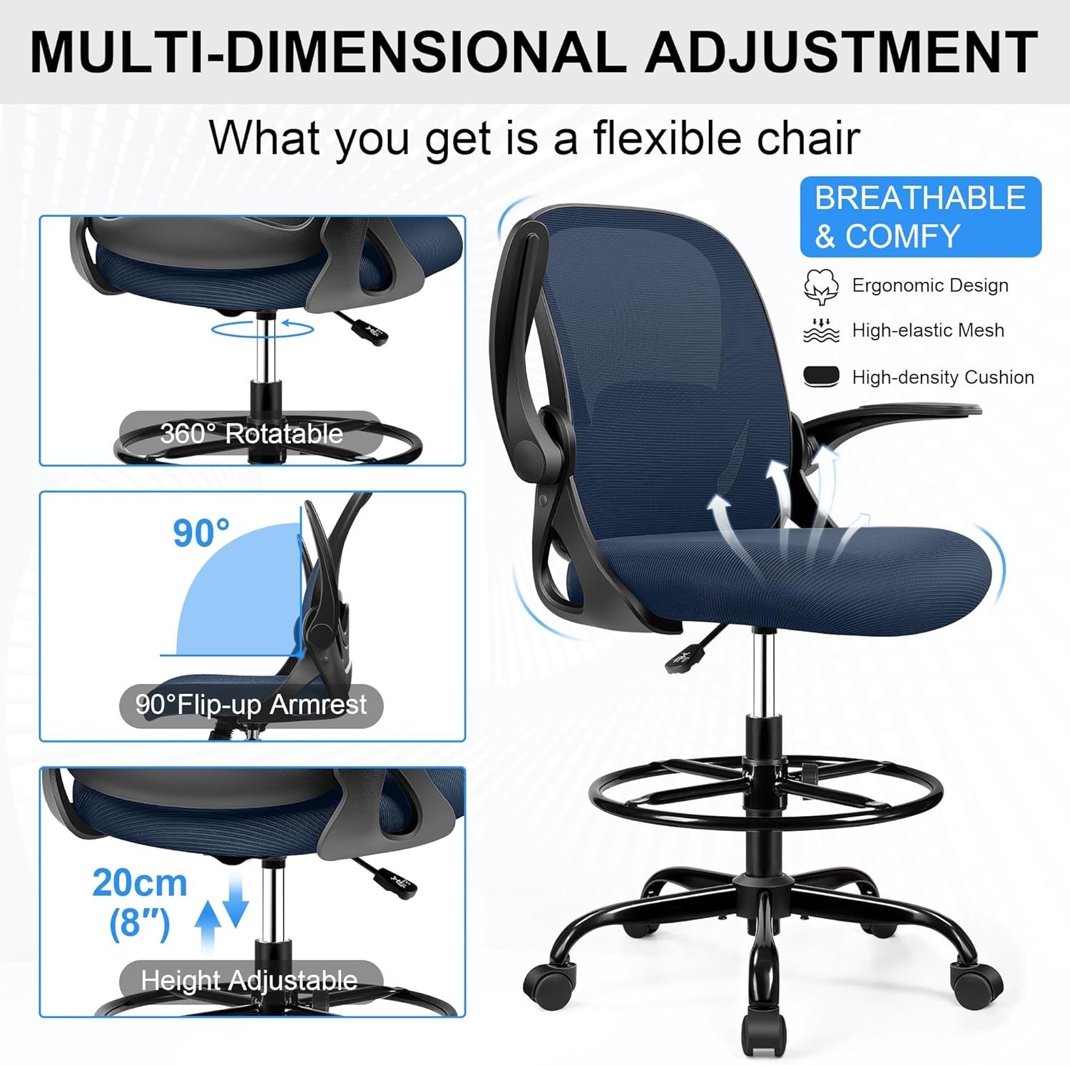 Adjustable Height Office Chair with Enhanced Back Support – Rolling Stool Style
