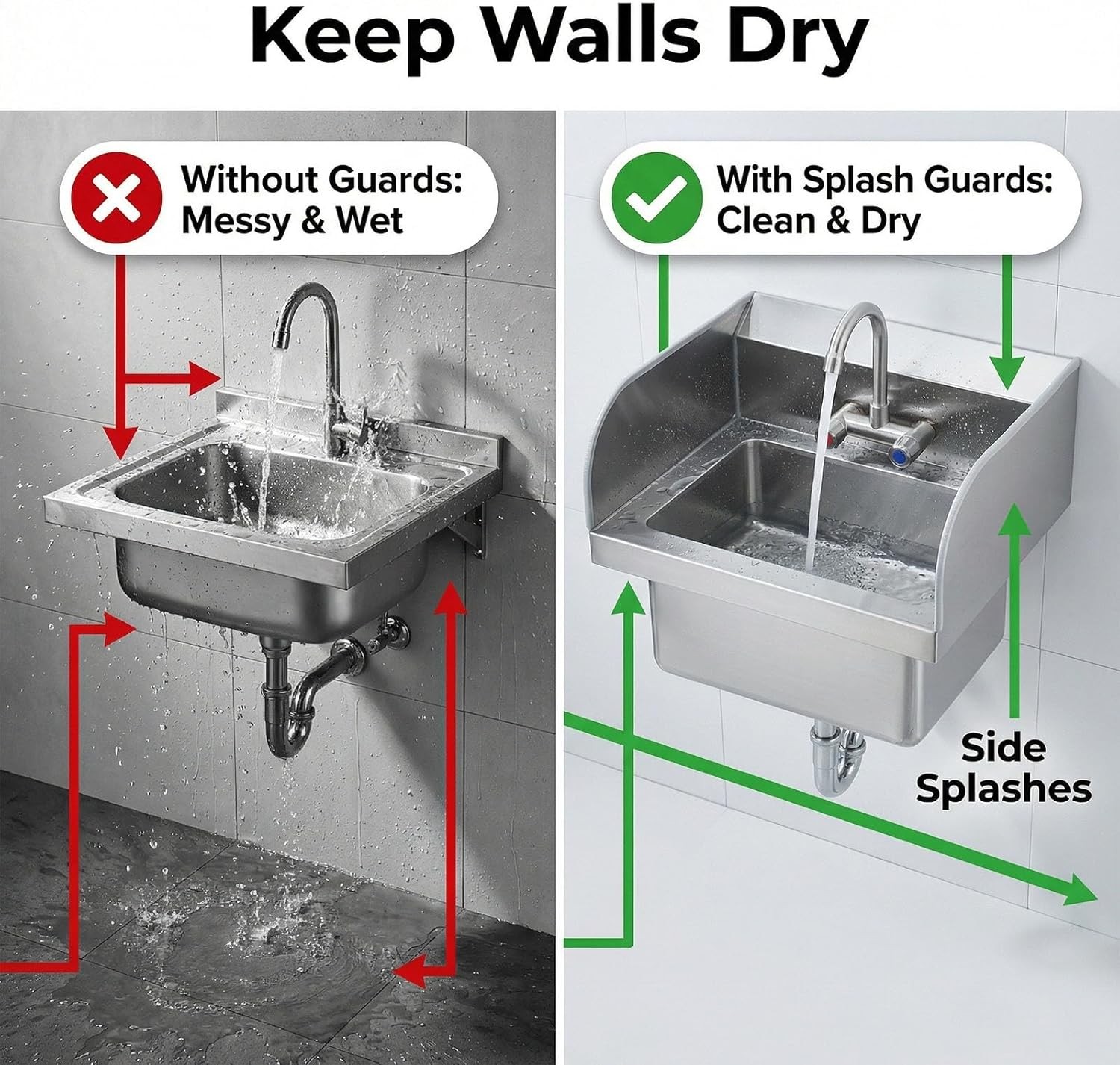 GRAVEE Stainless Steel Wall-Mounted Hand Sink with Faucet & Side Splash Basin